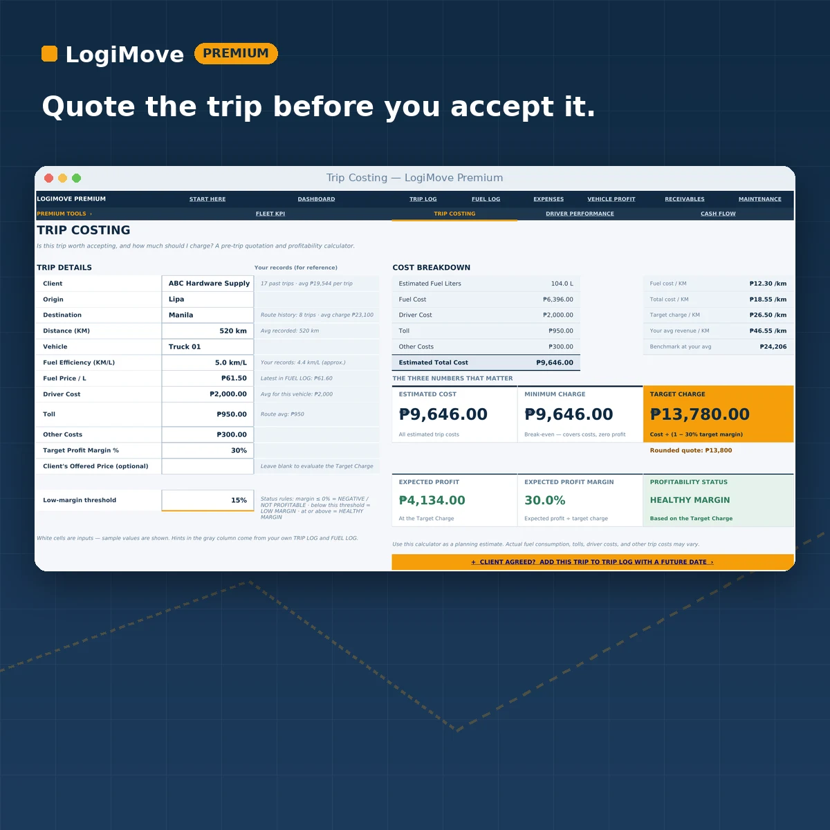 LogiMove Trip Costing tab