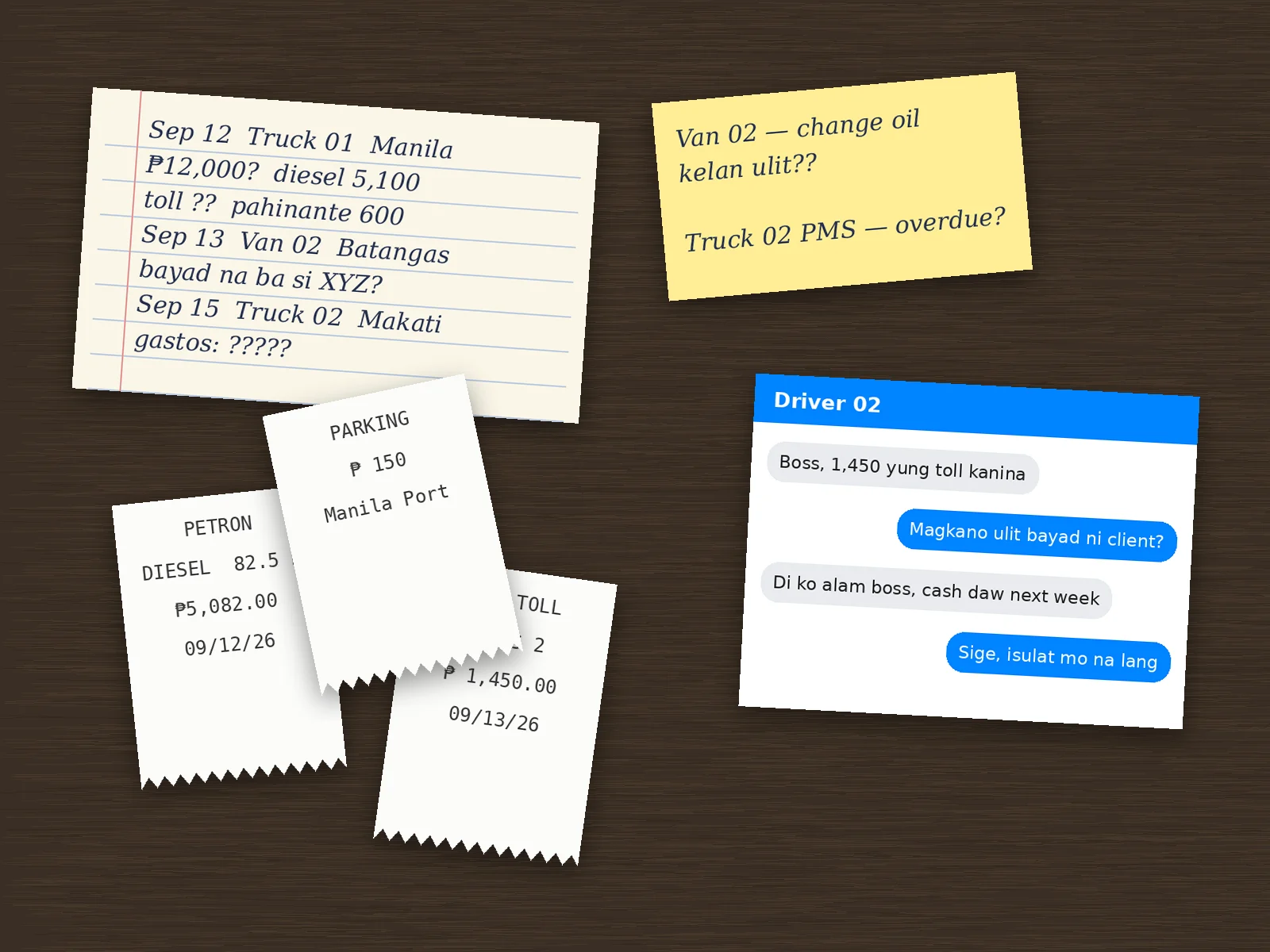 Trip notes, fuel receipts and driver messages scattered on a desk